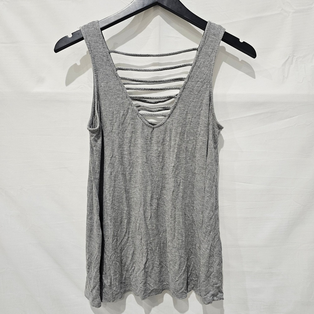 Socialite Womens Large Gray Ribbed Strappy Back Tank Top V-Neck Stretchy Comfy
